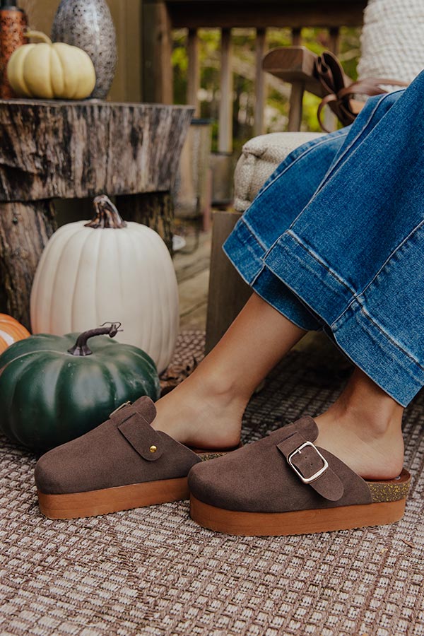The Payton Faux Suede Platform Clogs in Chocolate/Camel