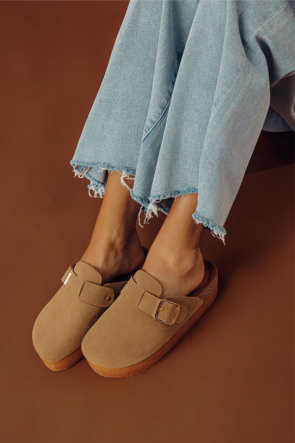 The Payton Faux Suede Platform Clogs in Camel