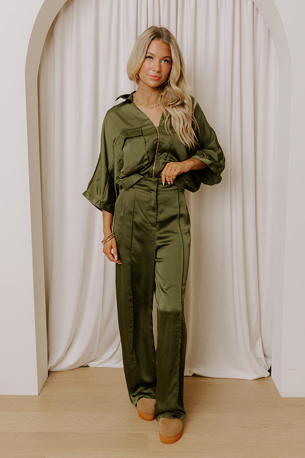 Perfectly Polished High Waist Satin Wide Leg Pants in Olive