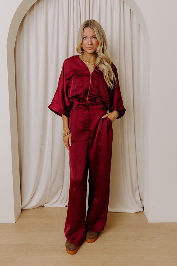 Perfectly Polished High Waist Satin Wide Leg Pants in Merlot