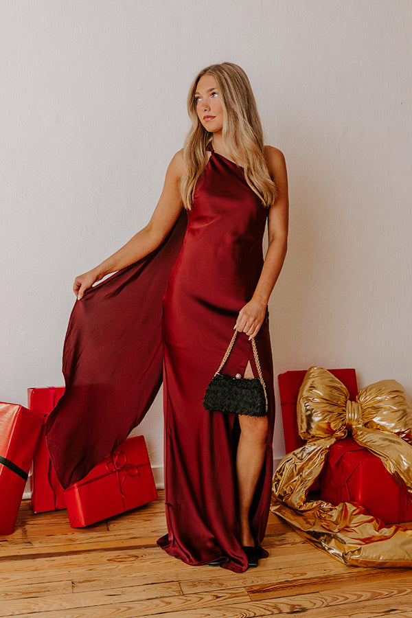 Glam Agenda Satin Asymmetrical Halter Drape Scarf Maxi Dress L / merlot Glam Agenda Satin Asymmetrical Halter Drape Scarf Maxi Dress L / merlot