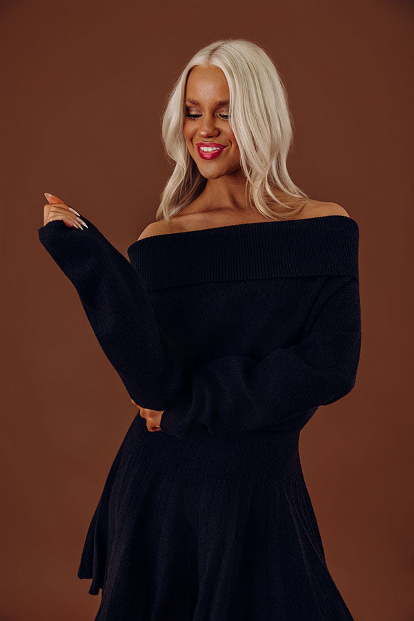 Downtown Stroll Off Shoulder Sweater Mini Dress in Black Image - 2