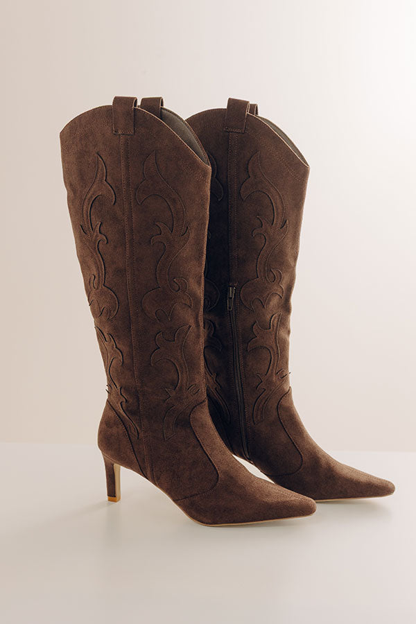 Abrams Faux Suede Knee High Cowboy Boot In Chestnut Image - 2
