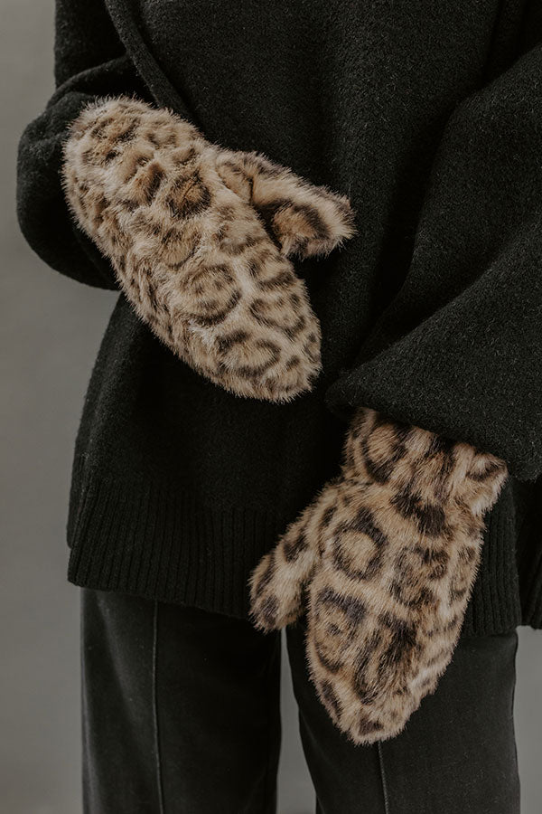 Leopard Luxe Faux Fur Mittens in Warm Taupe