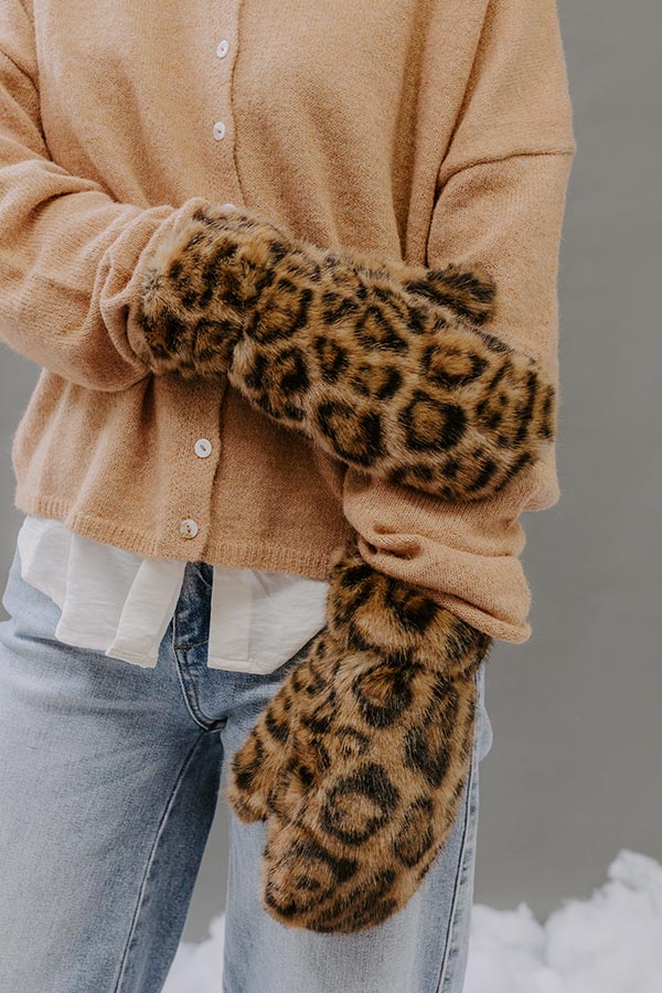 Leopard Luxe Faux Fur Mittens in Camel