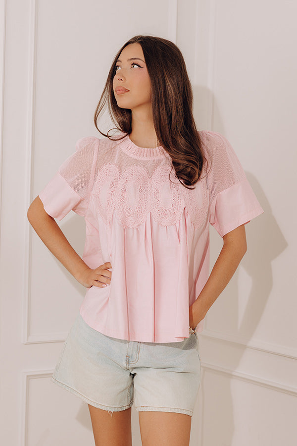 Charmed Life Lace Applique Mesh Top in Pink