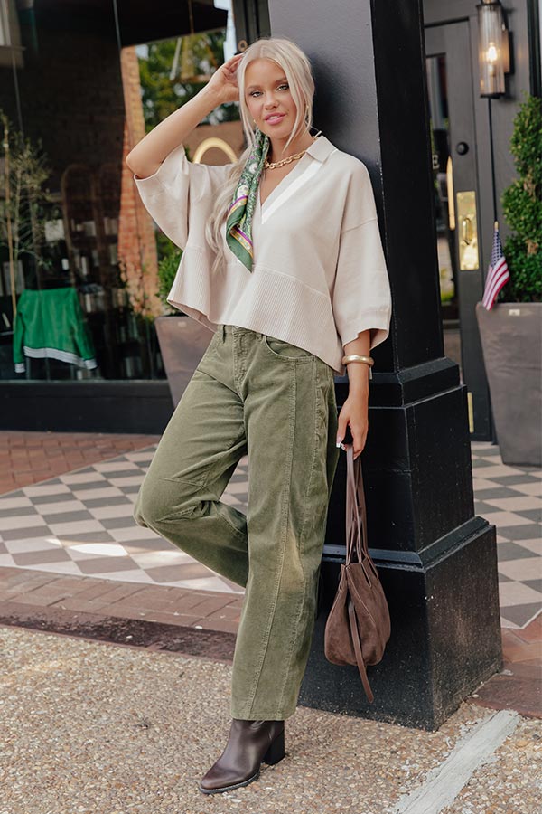 RISEN Cora High Waist Corduroy Barrel Leg Pants in Olive Image - 1