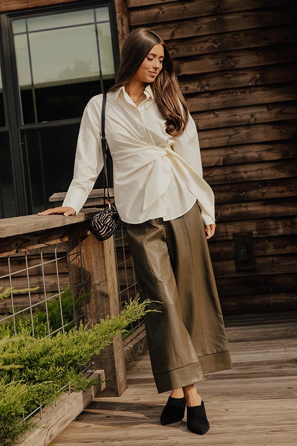 The Hazel High Waist Faux Leather Wide Leg Pants in Martini Olive