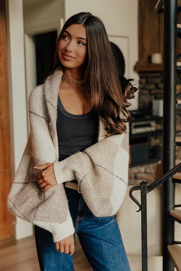 Cozy Lane Knit Plaid Shrug Cardigan in Oatmeal Image - 1