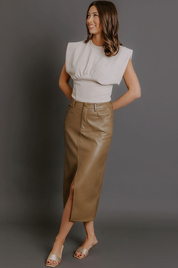 The Eras High Waist Faux Leather Skirt in Taupe Image - 5