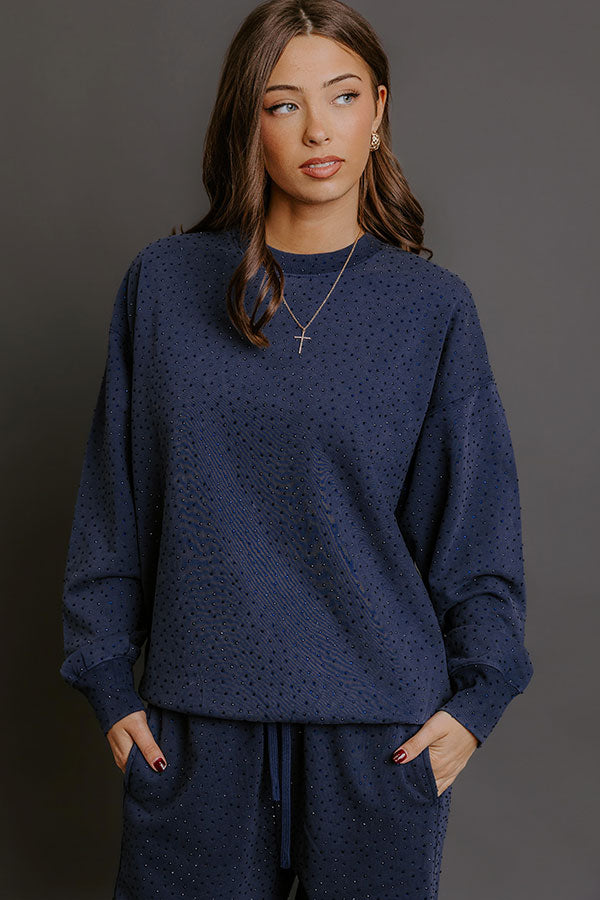 Sparkling Personality Embellished Sweatshirt in Navy