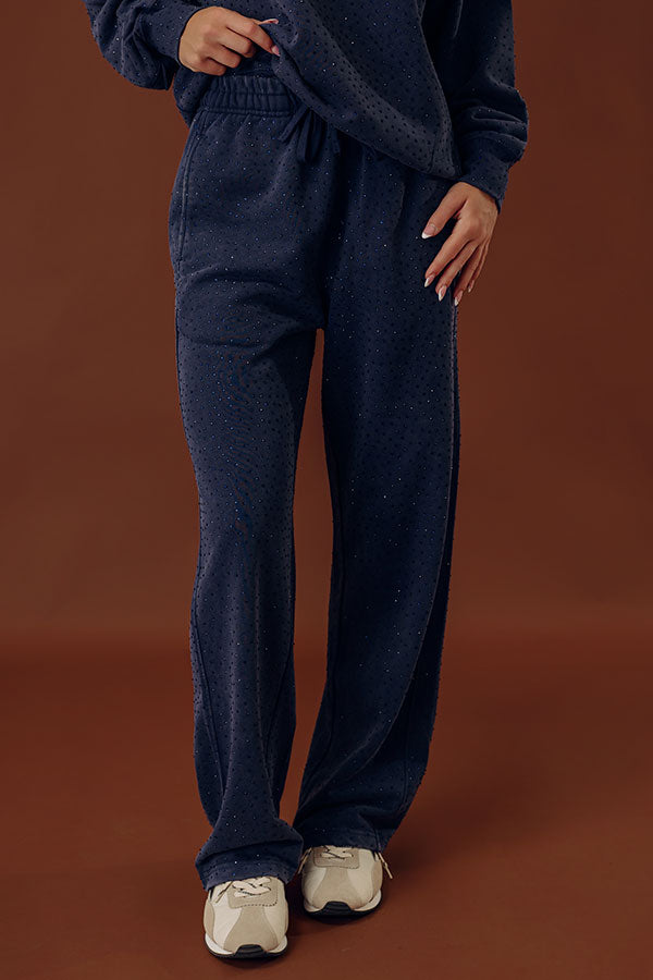 Sparkling Personality High Waist Embellished Straight Leg Pants in Navy Image - 2