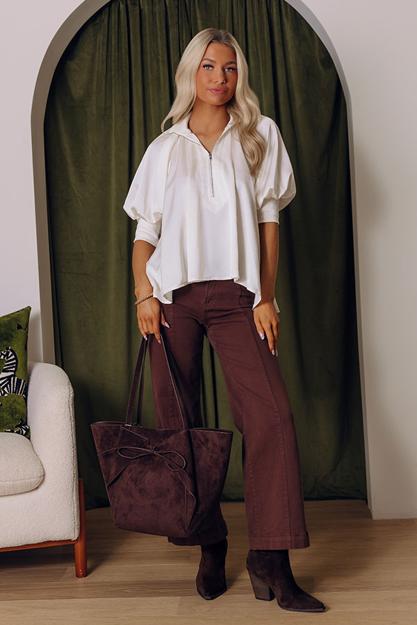 City Staple Satin Quarter Zip Top in Ivory Image - 2