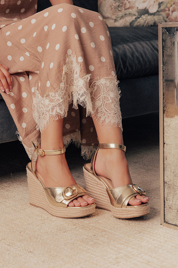 The Clara Faux Leather Metallic Espadrille Wedge in Gold Image - 2