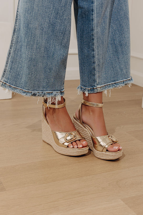 The Clara Faux Leather Metallic Espadrille Wedge in Gold