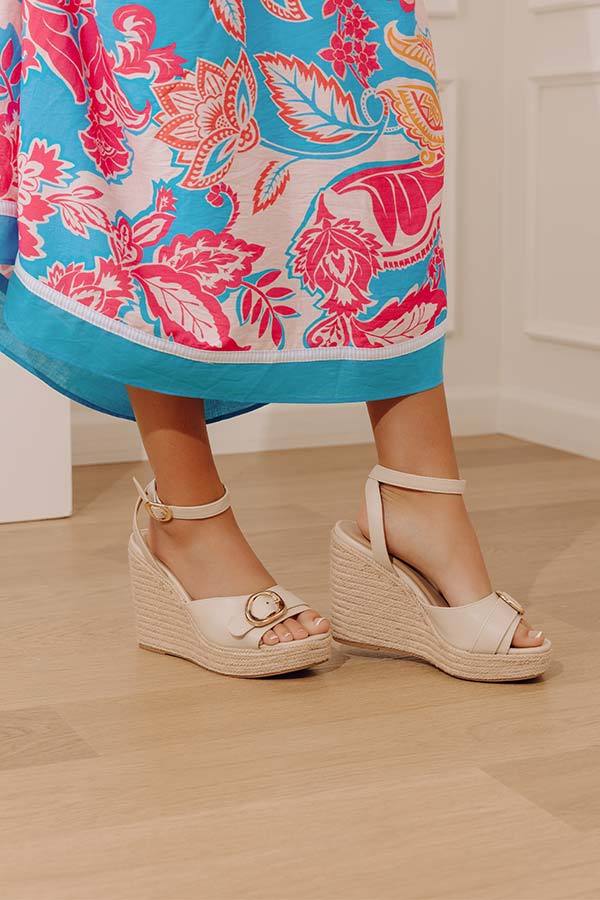 The Clara Faux Leather Espadrille Wedge in Stone