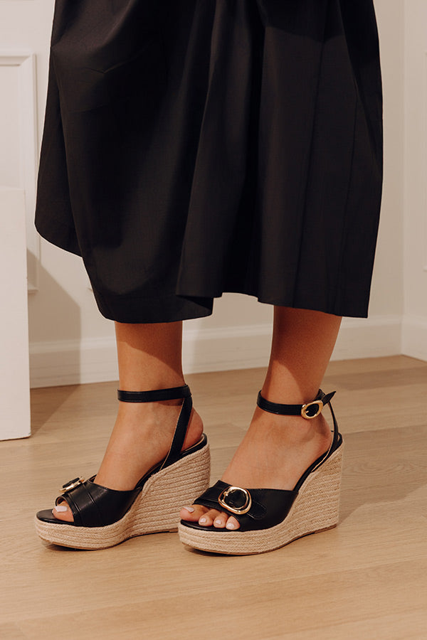 The Clara Faux Leather Espadrille Wedge in Black