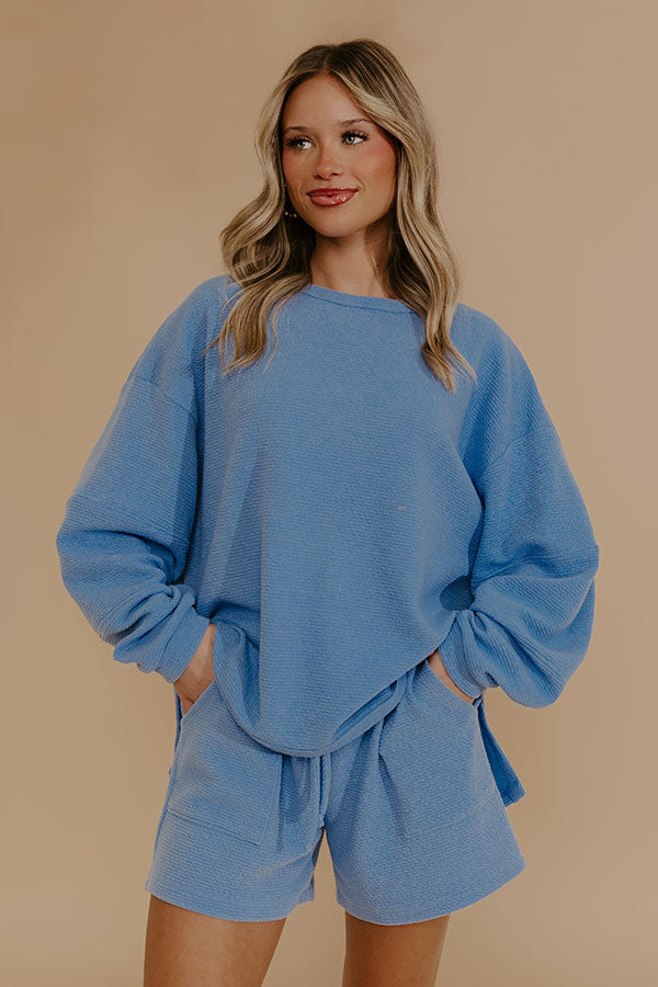 Weekend Wind-Down Waffle Knit Long Sleeve Tee in Light Blue