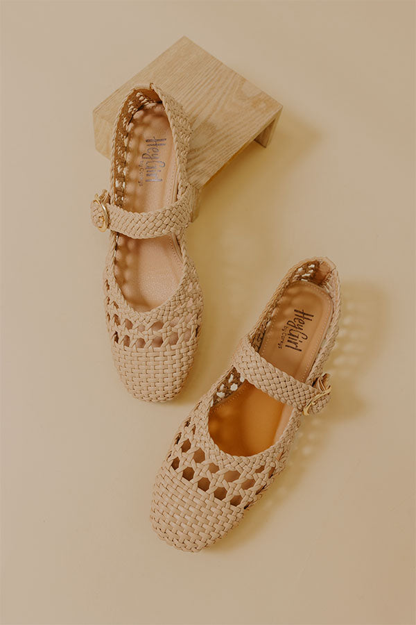 Mixed Feelings Faux Leather Woven Flats in Iced Latte
