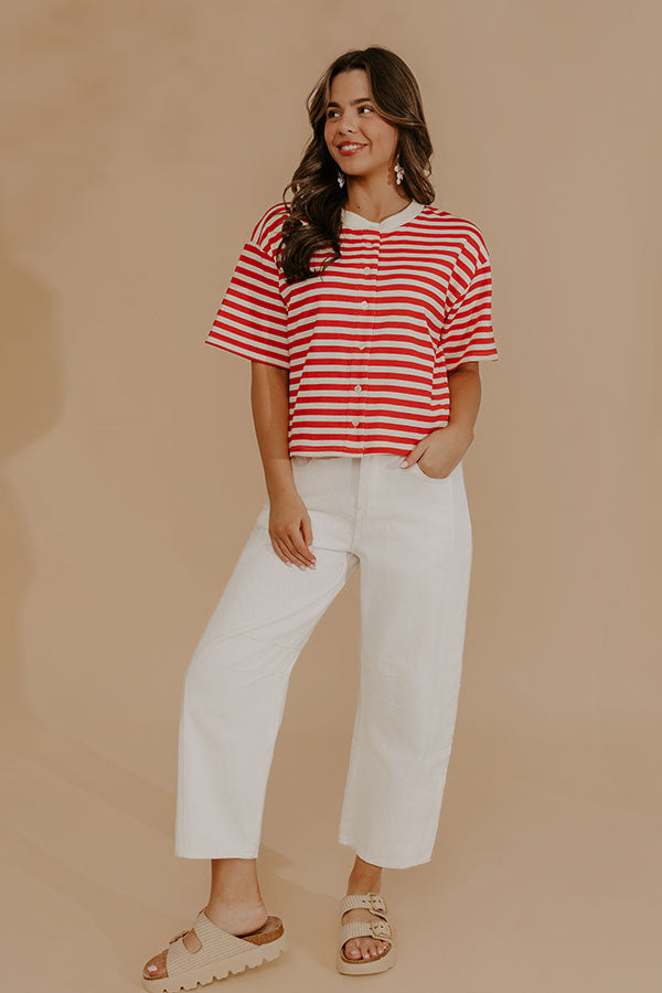 Harbor Line Stripe Button Up Top in Red Image - 1