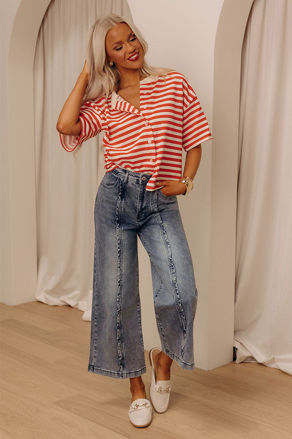 Harbor Line Stripe Button Up Top in Red Image - 1