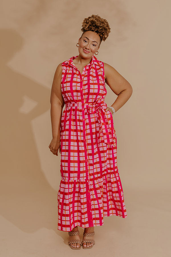 Boardwalk Stroll Plaid Maxi Dress in Hot Pink Curves 2XL / hot-pink Boardwalk Stroll Plaid Maxi Dress in Hot Pink Curves 2XL / hot-pink