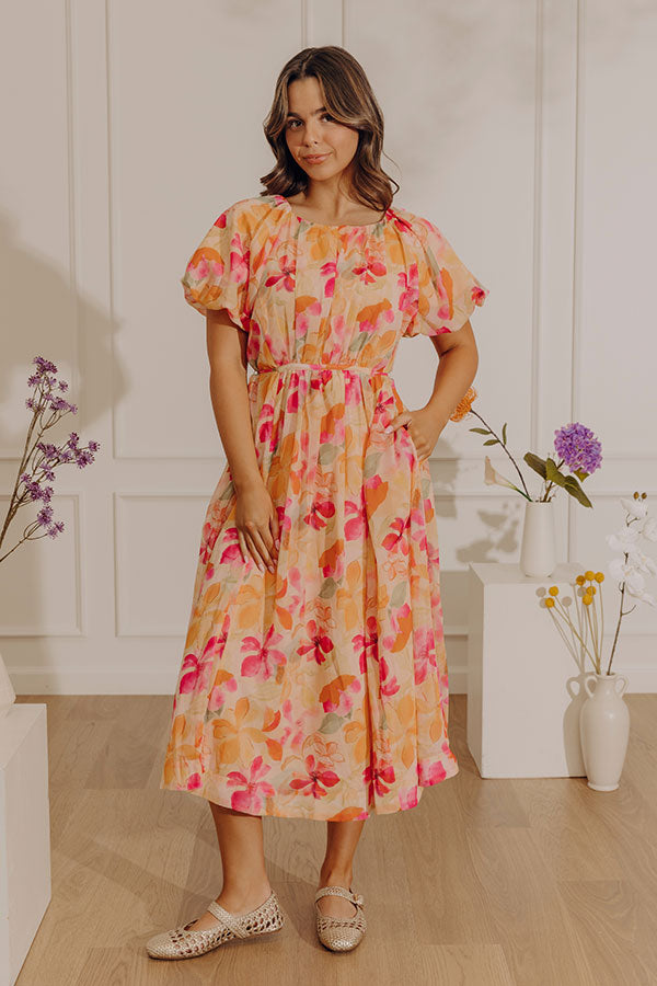 Hibiscus Daydream Floral Midi Dress M / Orange