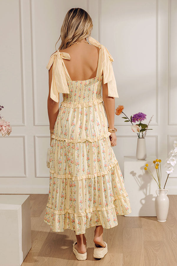 Prairie Bloom Floral Tiered Midi Dress in Yellow