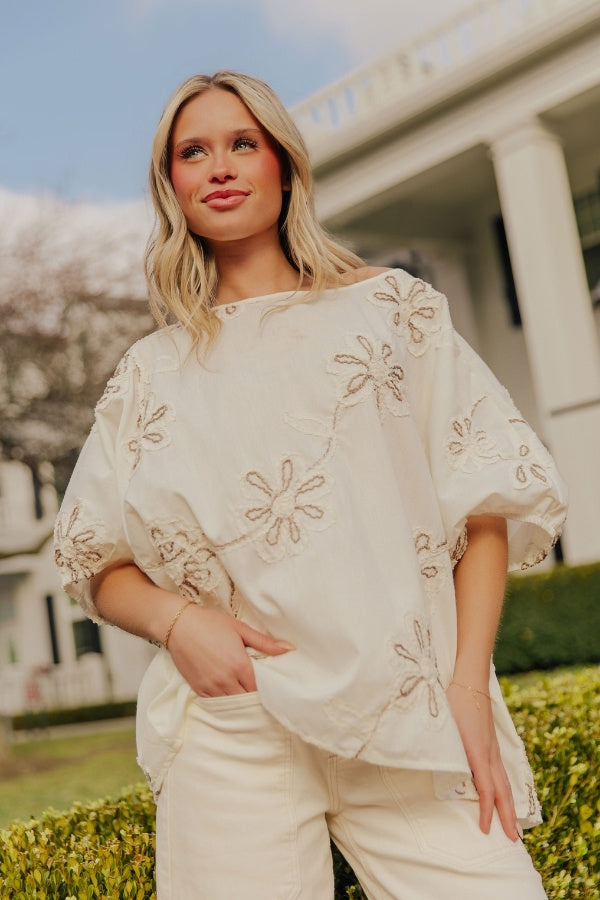 Sweet Daydream Floral Embroidered Top in Cream Image - 1