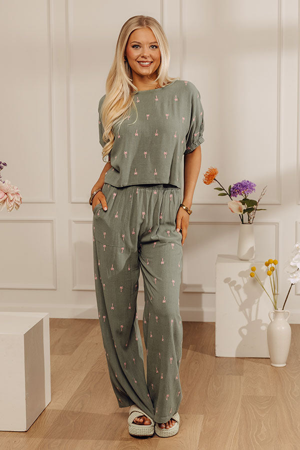 Palm Tree Paradise High Waist Embroidered Wide Leg Pants Image - 1