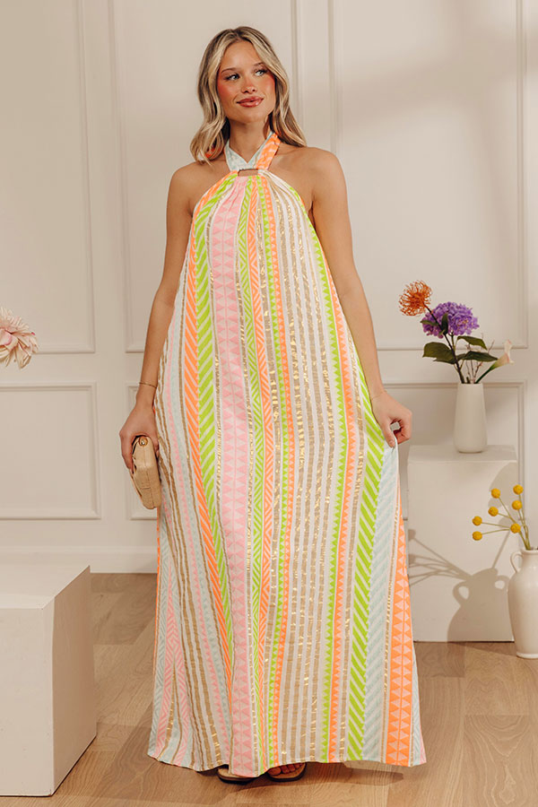 Resort Ready Stripe Woven Halter Maxi Dress Image - 2