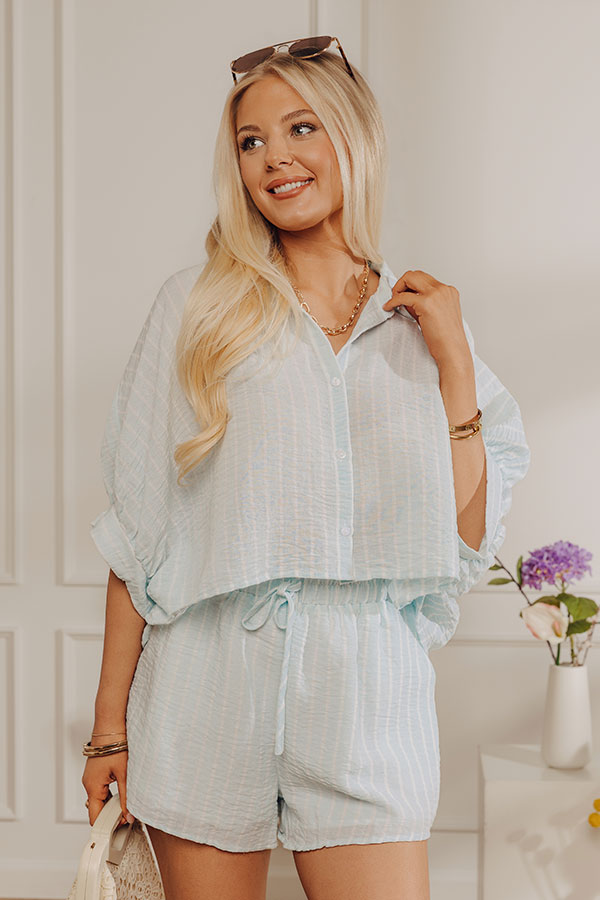 Coastal Ease Oversized Crop Button Up Top in Powder Blue