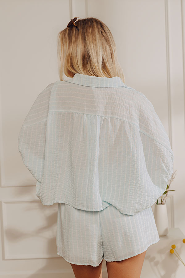 Coastal Ease Oversized Crop Button Up Top in Powder Blue Image - 3