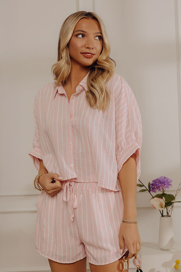 Coastal Ease Oversized Crop Button Up Top in Pink
