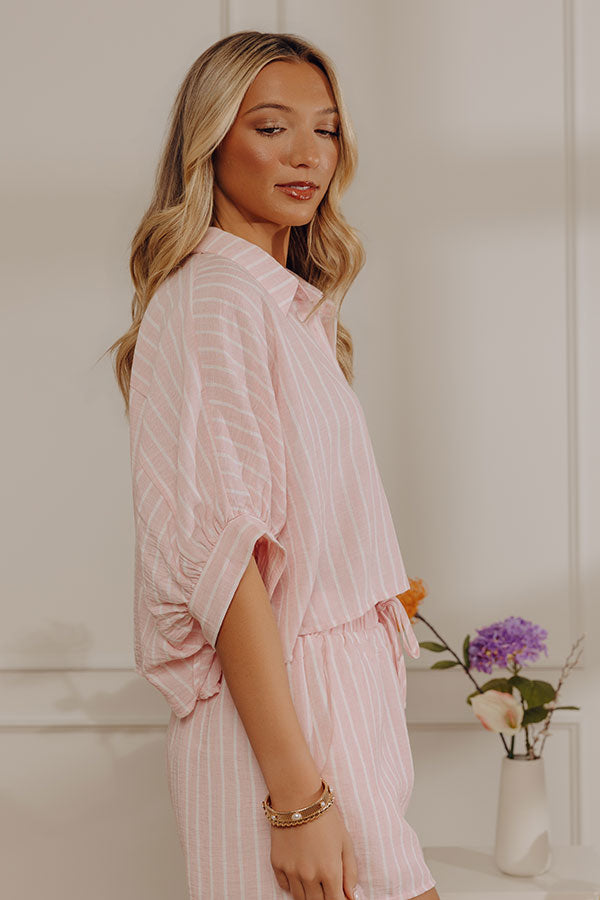 Coastal Ease Oversized Crop Button Up Top in Pink Image - 2
