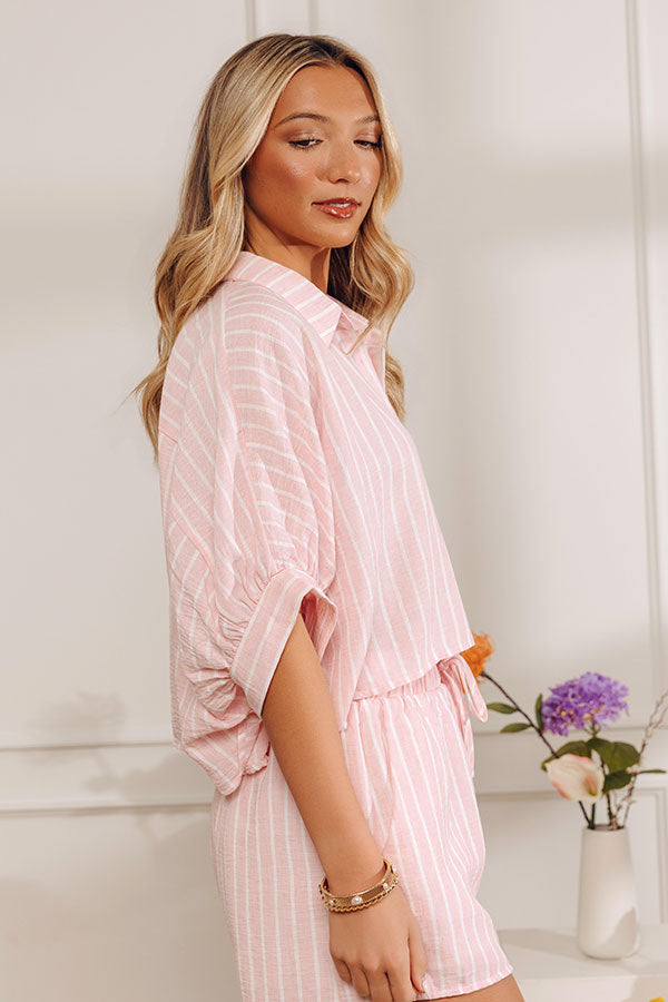 Coastal Ease Oversized Crop Button Up Top in Pink Image - 2