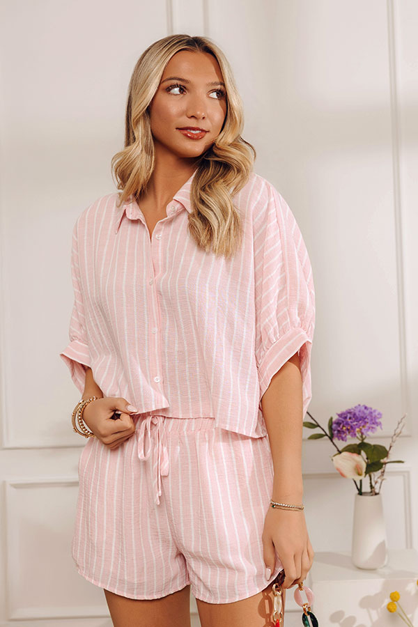 Coastal Ease Oversized Crop Button Up Top in Pink