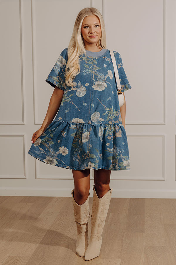 Hydrangea Happiness Floral Denim Mini Dress Image - 1