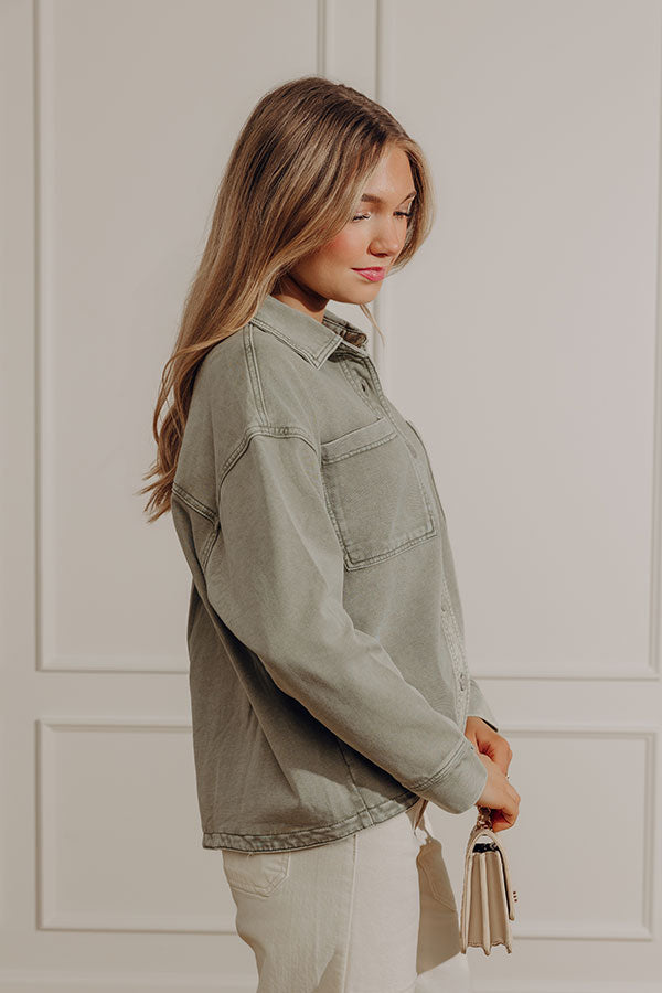 Always Easygoing Vintage Wash Terry Button Up Top in Sage Image - 2