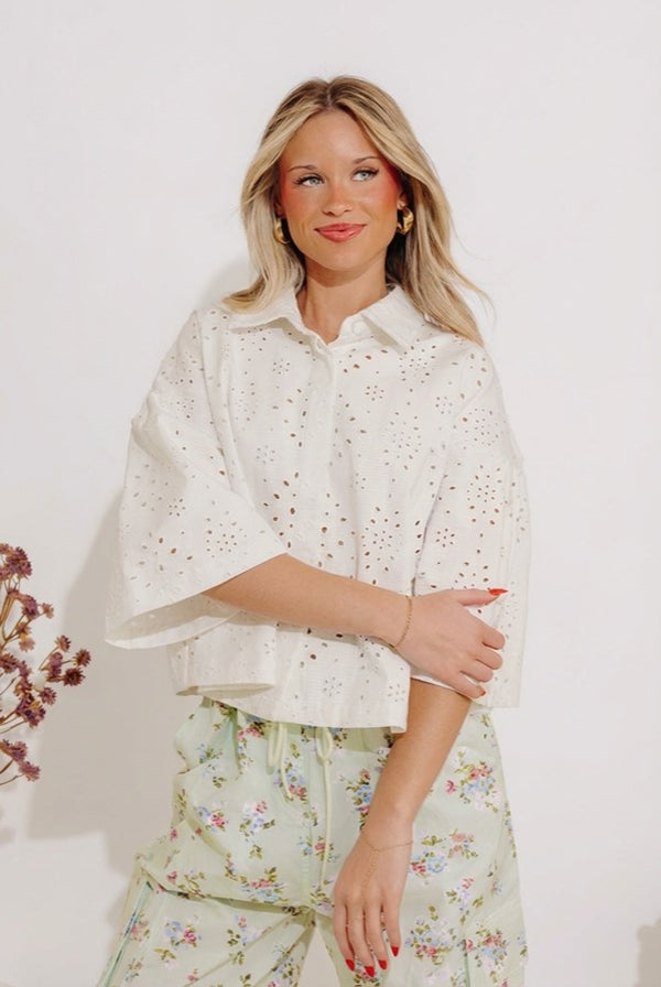 Airy Romance Eyelet Button Up Top