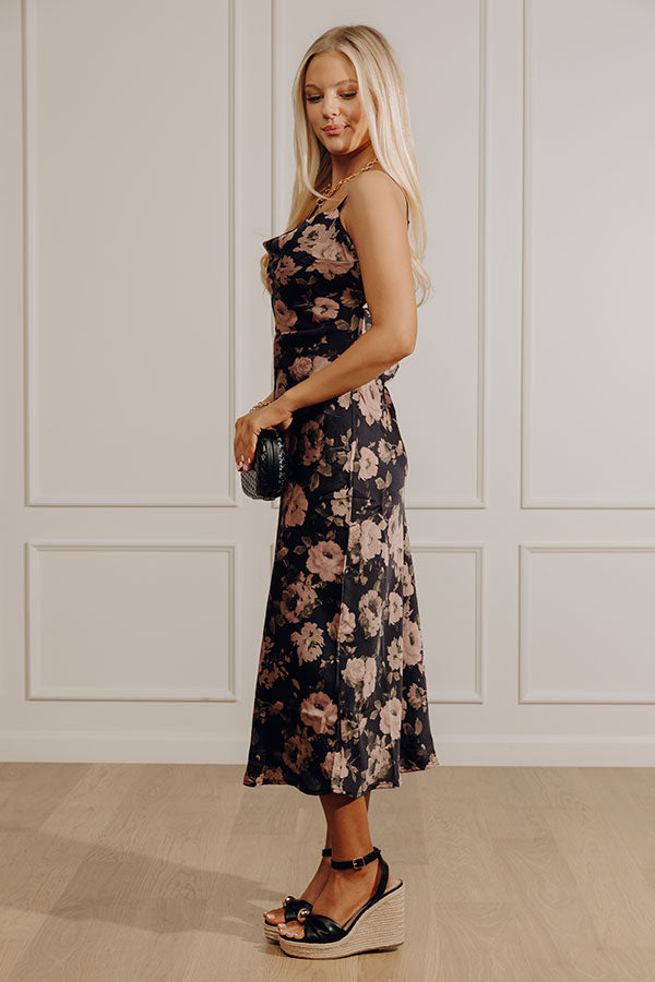 Garden At Midnight Floral Satin Midi Dress Image - 3