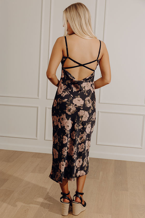 Garden At Midnight Floral Satin Midi Dress S / Black Garden At Midnight Floral Satin Midi Dress S / Black