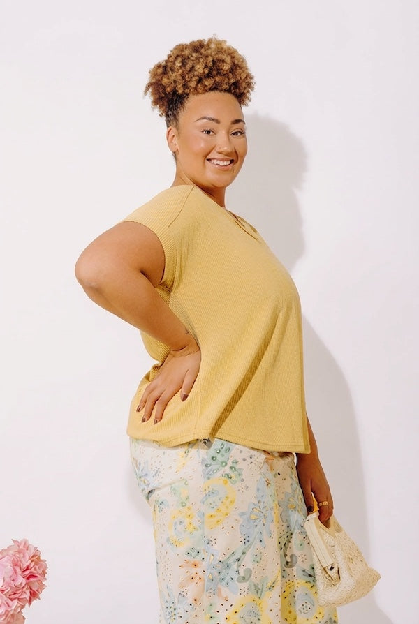 Casual Brunch Ribbed Top in Mustard Curves Image - 2
