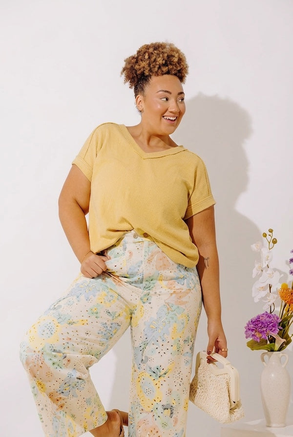 Casual Brunch Ribbed Top in Mustard Curves Image - 1