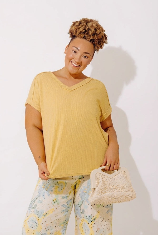 Casual Brunch Ribbed Top in Mustard Curves Image - 4