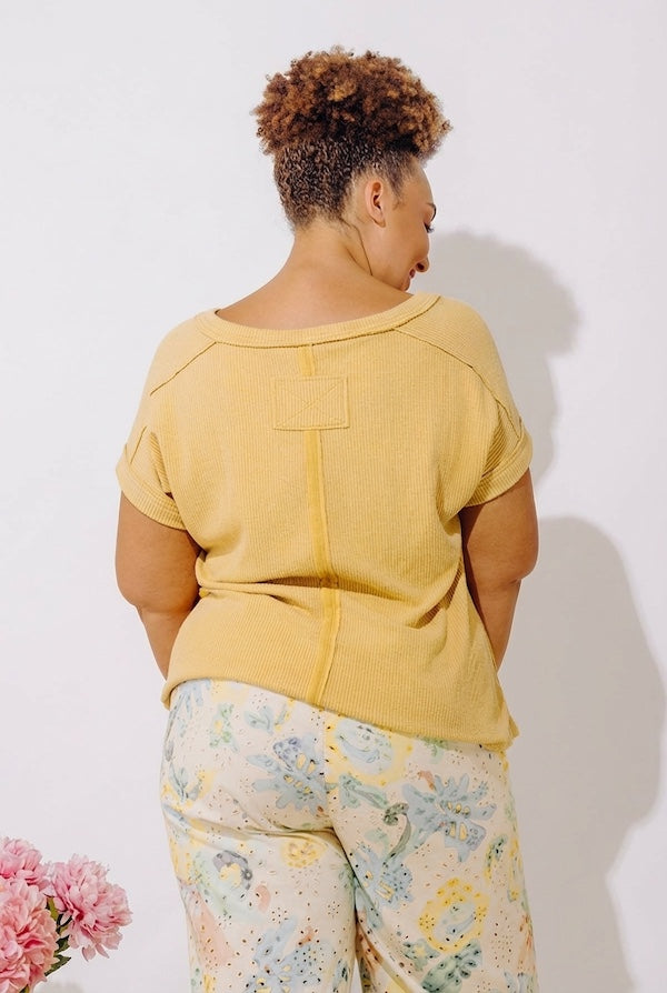 Casual Brunch Ribbed Top in Mustard Curves Image - 3