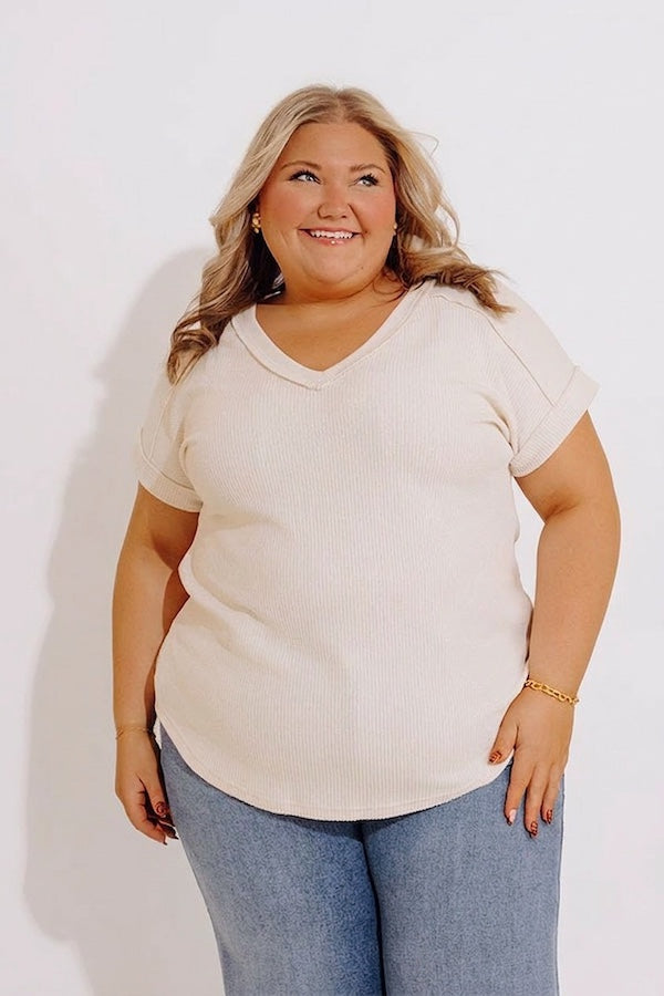 Casual Brunch Ribbed Top in Cream Curves Image - 1
