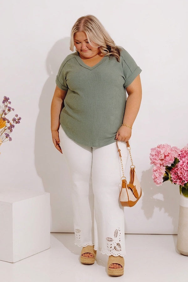 Casual Brunch Ribbed Top in Sage Curves Image - 5