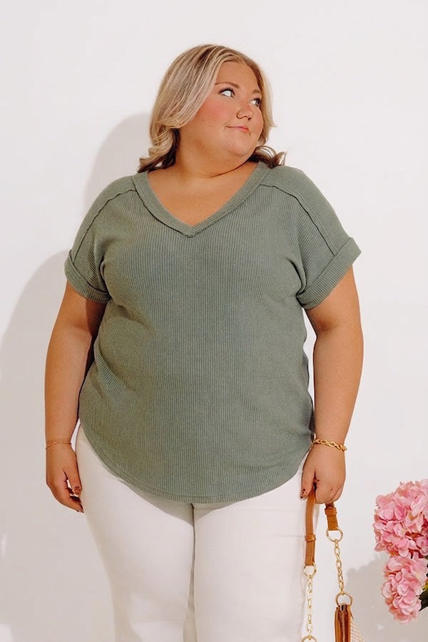 Casual Brunch Ribbed Top in Sage Curves Image - 2