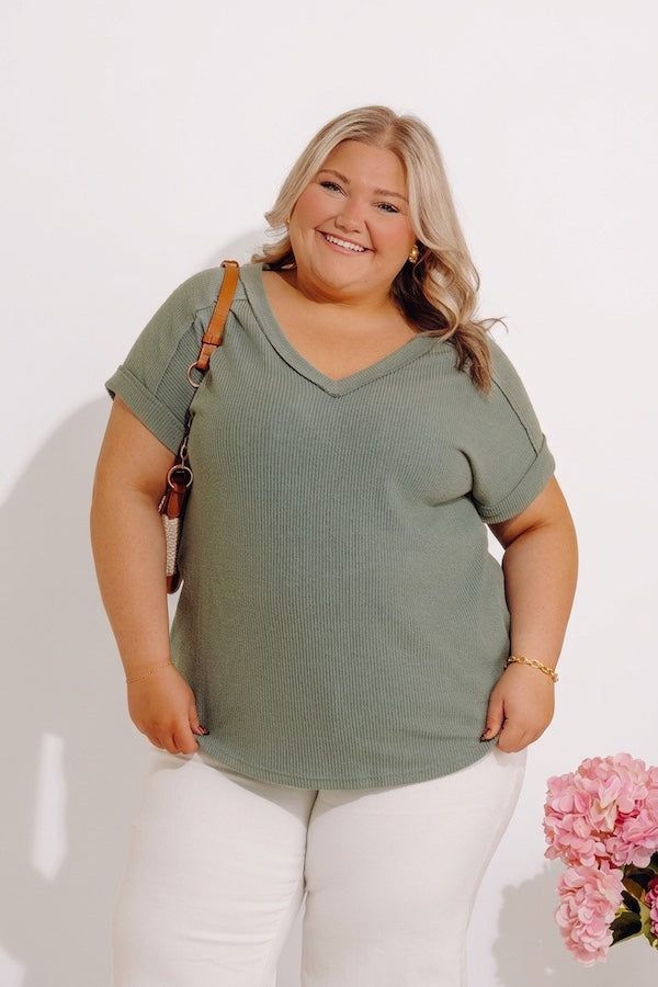 Casual Brunch Ribbed Top in Sage Curves Image - 1